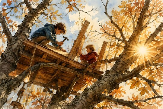 Children building treehouse platform, ink and wash illustration