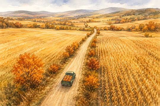 Aerial view of pumpkin farm truck on dirt road, watercolor illustration