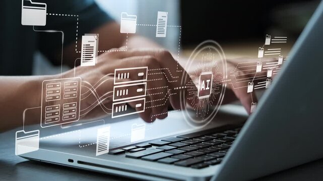 Person using laptop for document management system, AI technology and cloud database storing concept. Big data transfer, digital transformation, futuristic smart process automation.