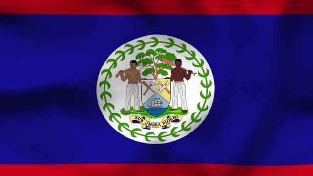 Belize flag on wavy blue fabric, top view. Realistic textile texture with red borders and the detailed national coat of arms emblem.