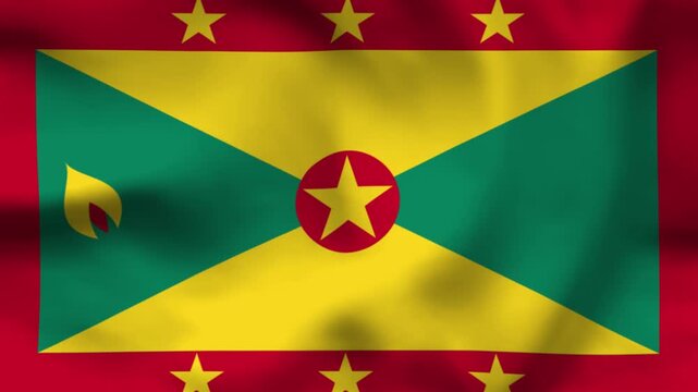 Grenada flag on wavy fabric, top view. Realistic textile texture with red border, yellow and green triangles, and gold stars