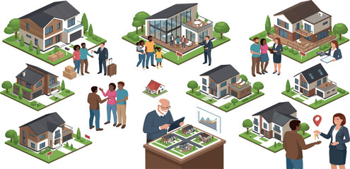 Fototapeta premium Isometric real estate vector collection featuring modern houses property agents and diverse family buyers