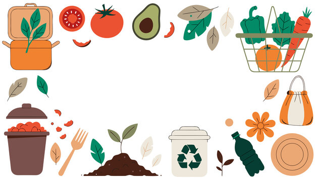 Eco-friendly lifestyle frame with sustainable icons, zero waste grocery shopping and composting elements, organic food and recycling concept