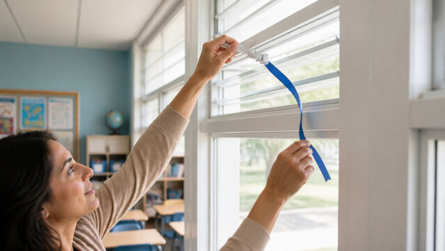 Adult hand opens a high-level louver while a teacher checks airflow