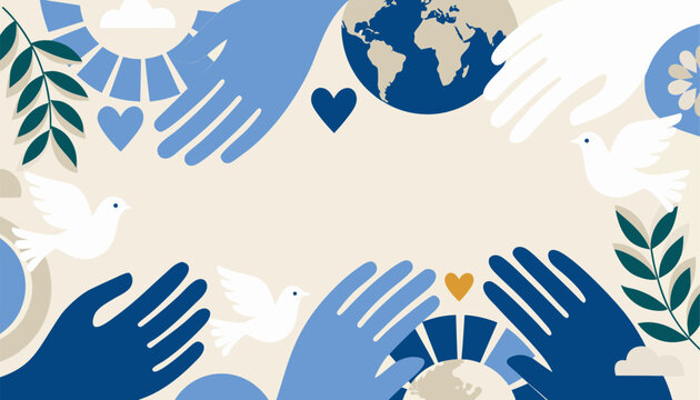 Global peace and unity vector background. Human hands with white doves and earth globe. International charity and community support concept.