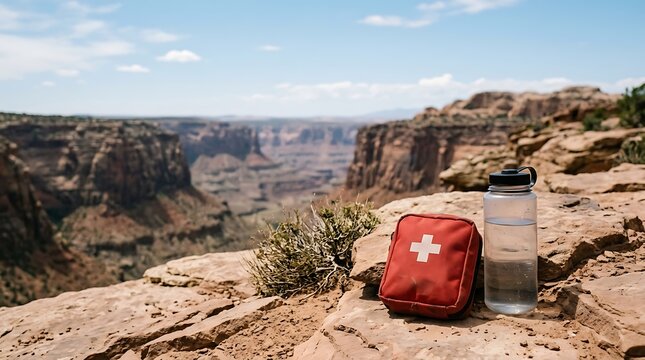 First aid kit and water bottle on a rocky cliff overlooking a vast canyon landscape