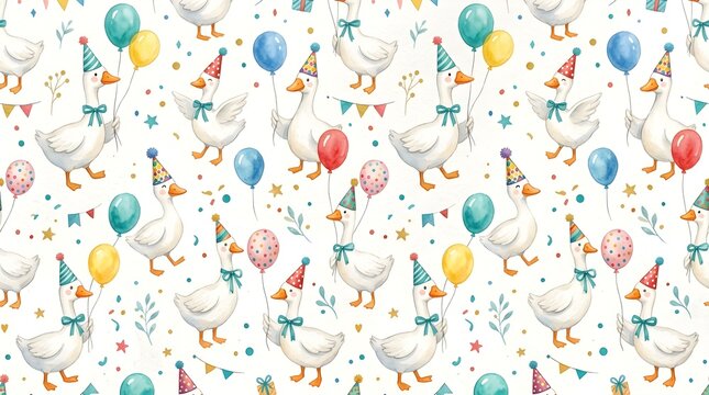 Cute geese pattern with colorful balloons and party hats
