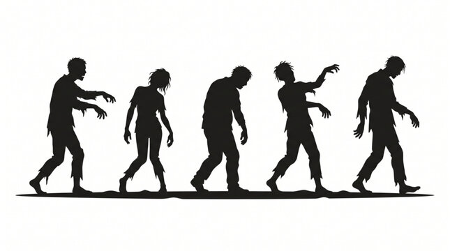 Black silhouettes of a group of five zombies walking