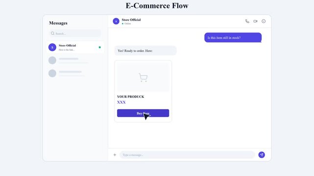 E-commerce app interface animation showing chatbot interaction, product selection, and successful payment receipt.