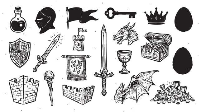 Medieval kingdom doodle set black and white for fantasy adventure game graphic elements.