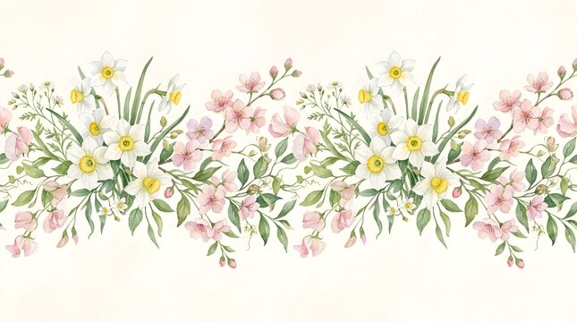 Seamless border with watercolor spring flowers and leaves