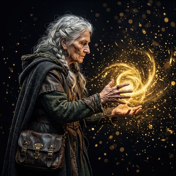 An elderly woman in dark robes conjures a swirling golden magic orb in her hands against a starry black background.