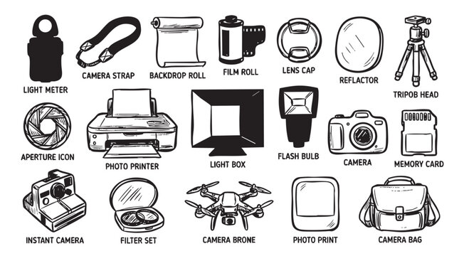 Photography equipment and studio tools collection in minimalist hand drawn black and white style.