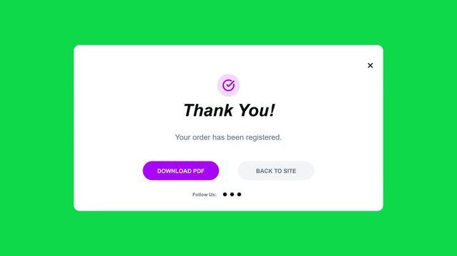 Order Success UI Modal Pop-up with Purple Checkmark and Download Button on Green Screen Chroma Key Background for E-commerce Video Editing.