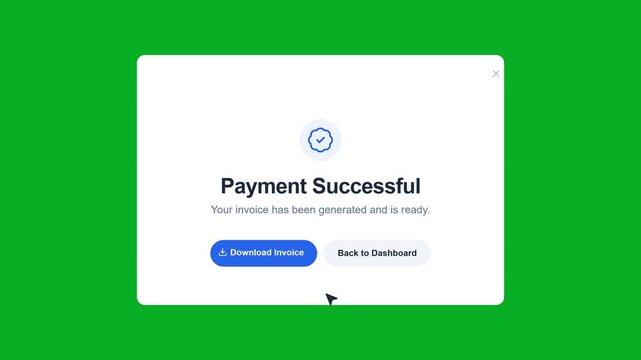 Payment Successful Modal UI Pop-up with Animated Checkmark and Mouse Cursor Button Click on Green Screen Background