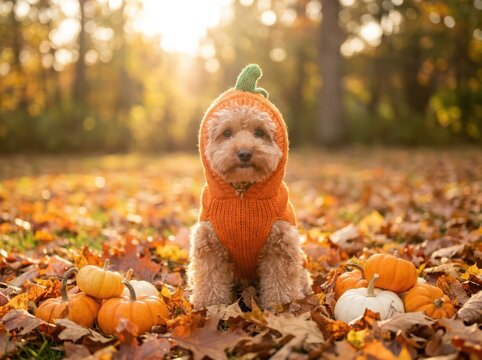 Cute Dog in Pumpkin Costume Sitting Among Pumpkins in Autumn Forest
