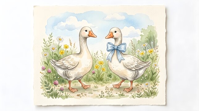 Two cute geese standing in a green spring meadow