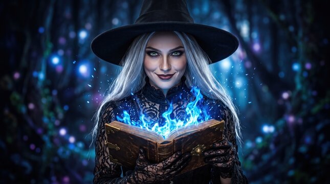 A woman in a black hat and lace dress holds an open spell book glowing with blue magical flames in an enchanted forest.