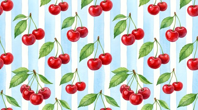 Watercolor cherry seamless pattern on blue striped background