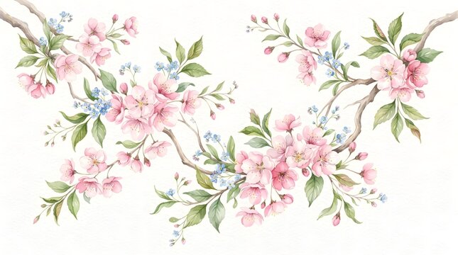 Watercolor cherry blossom branches with pink flowers