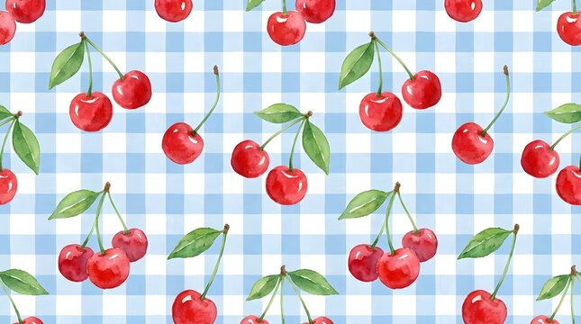 Watercolor pattern of red cherries on a blue checkered cloth