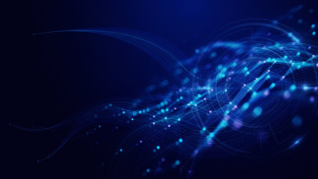 Abstract Futuristic Digital Big Data Wave Concept with Glowing Cyan Network Nodes, Dynamic Light Trails, and Cyber Technology Interface on Dark Blue Background