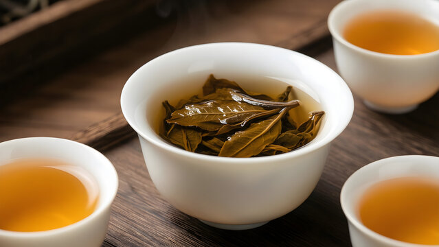 Oolong tea brewed in a porcelain gaiwan