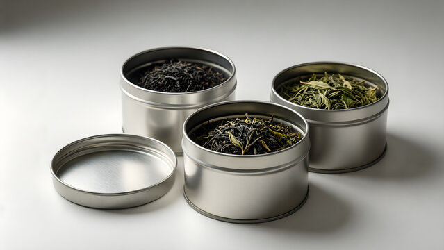 Unbranded tea tins with loose leaves