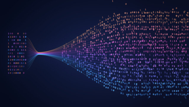 Colorful big data conversion concept binary code stream flowing through fiber optic lines technology background