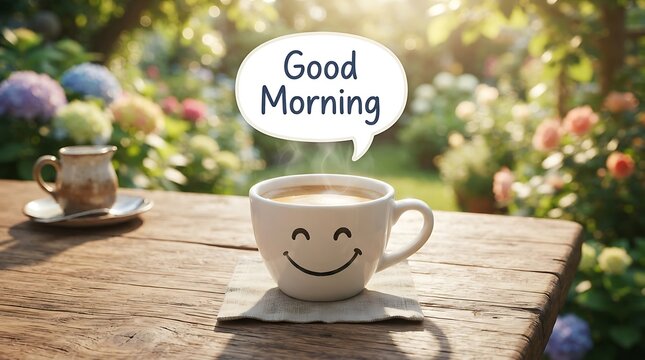 Smiling coffee cup on wooden table in sunny garden with good morning sign