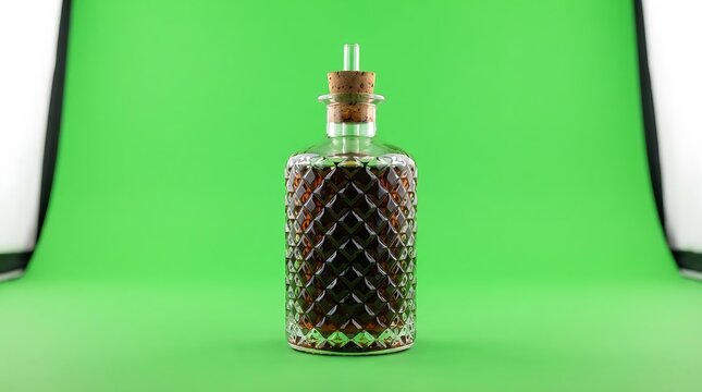 A vintage glass decanter filled with dark liquid against a green background