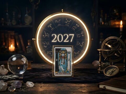 2027 Astrology and Tarot Prediction with High Priestess Card and Zodiac Wheel