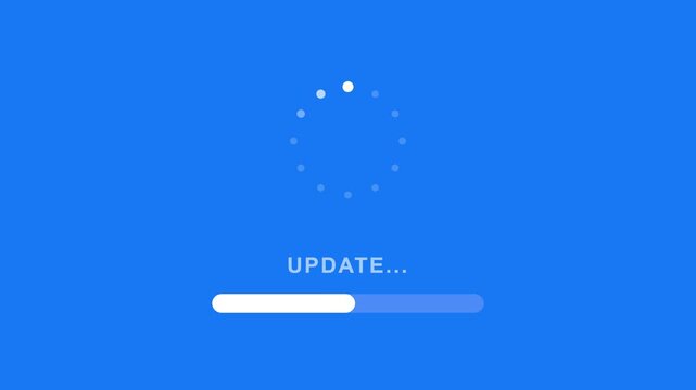System Update UI animation featuring a white loading spinner and progress bar filling on a solid blue background for software installation simulation.