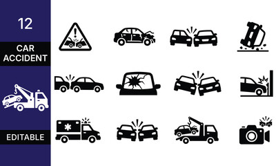 Naklejka premium Set of twelve black car accident and vehicle crash icons showing damaged cars and road safety