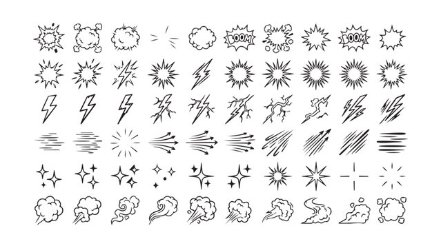 Comic book explosion vector icon set with lightning bolts and speed lines