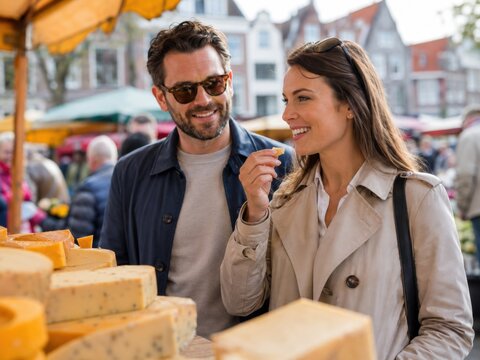 Kulinarische Reise durch Holland: Ein gl&uuml;ckliches Paar probiert auf einem traditionellen Wochenmarkt niederl&auml;ndischen K&auml;se und erlebt regionale Spezialit&auml;ten und Genuss.