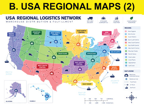 USA regional logistics network map showing warehouse distribution and fulfillment centers across states.