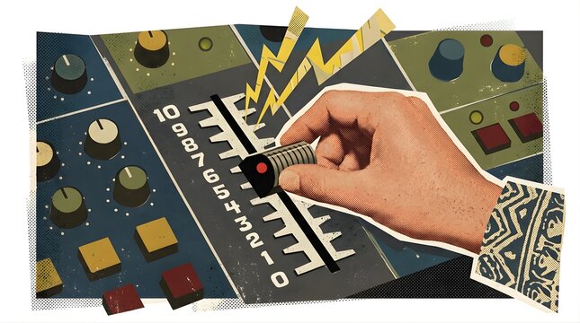 Hand adjusting fader on vintage audio mixing console with lightning bolt