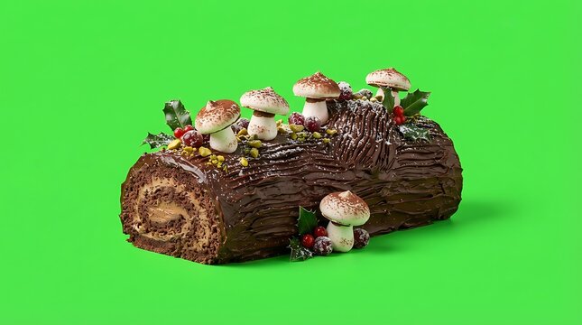 A festive chocolate yule log cake decorated with small edible mushrooms