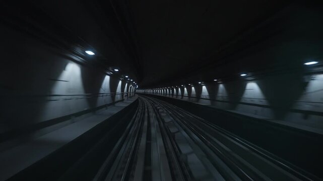 Train perspective travels forward along curved railway tracks through a dark underground metro tunnel illuminated by wall lamps