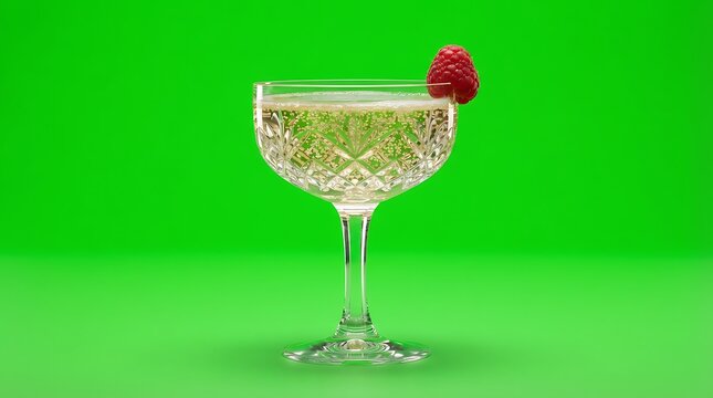 A sparkling champagne coupe glass garnished with a fresh red raspberry