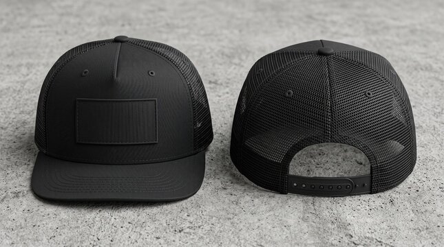 Blank black trucker cap mockup with front patch and mesh snapback back view on concrete background for apparel branding.