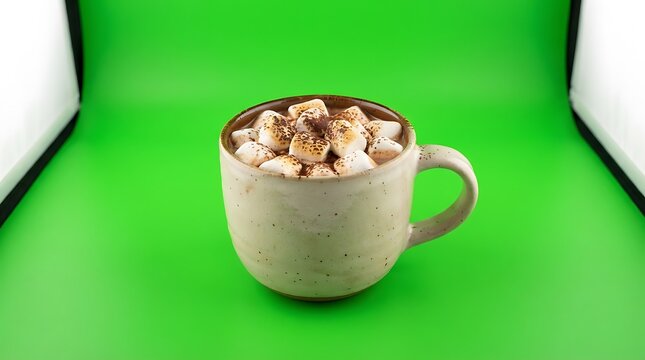 A warm ceramic mug filled with hot cocoa and toasted mini marshmallows