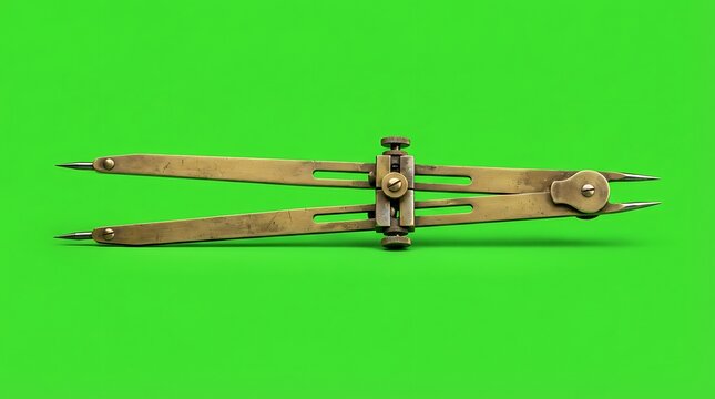 A vintage brass drafting compass isolated against a solid green background