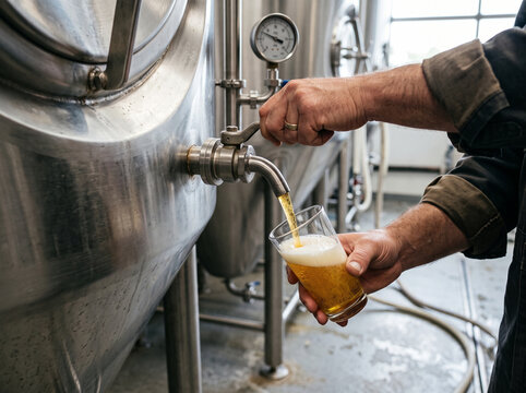 Brewer pouring fresh craft beer from a stainless steel fermentation tank tap into a glass for quality testing