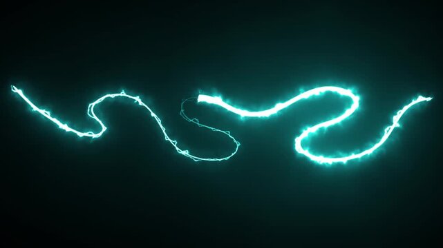 Electric wave animation featuring a bright cyan glowing energy trail moving in smooth curves against a dark background. 4K motion graphics animation.