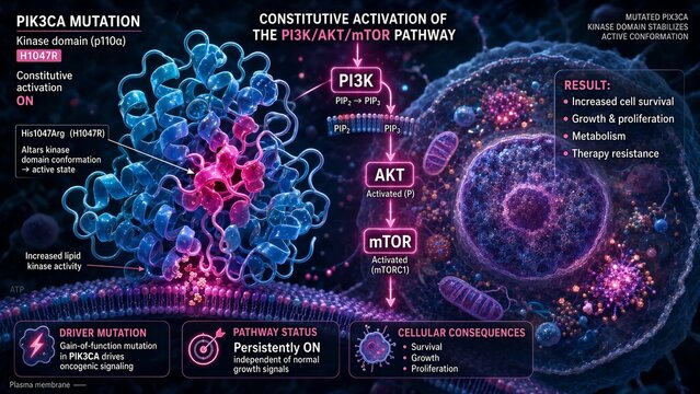 Pik3ca mutation showing an altered kinase domain that drives the constitutive activation of the pi3k akt mtor survival pathway inside a growing cancer cell with enhanced proliferation