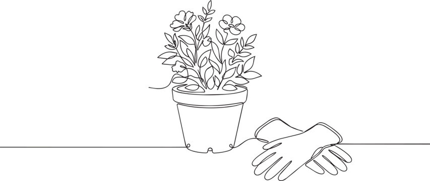 Continuous line of a potted flowering plant next to gardening gloves, simple black outline on a white background