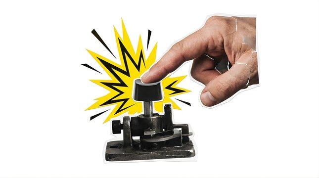 Hand pressing a black mechanical switch with a yellow graphic explosion