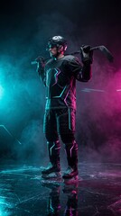 Fototapeta premium A hockey player in full gear stands with a stick on his shoulders under neon blue and pink lights. Concept includes sports, action, competition, and team spirit themes for advertising. Generative AI.